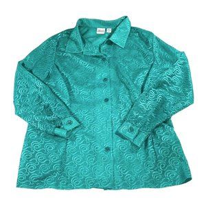 Haband Womens Blouse Shirt Green Button Up Long Sleeve Wave Swirl Textured XL
